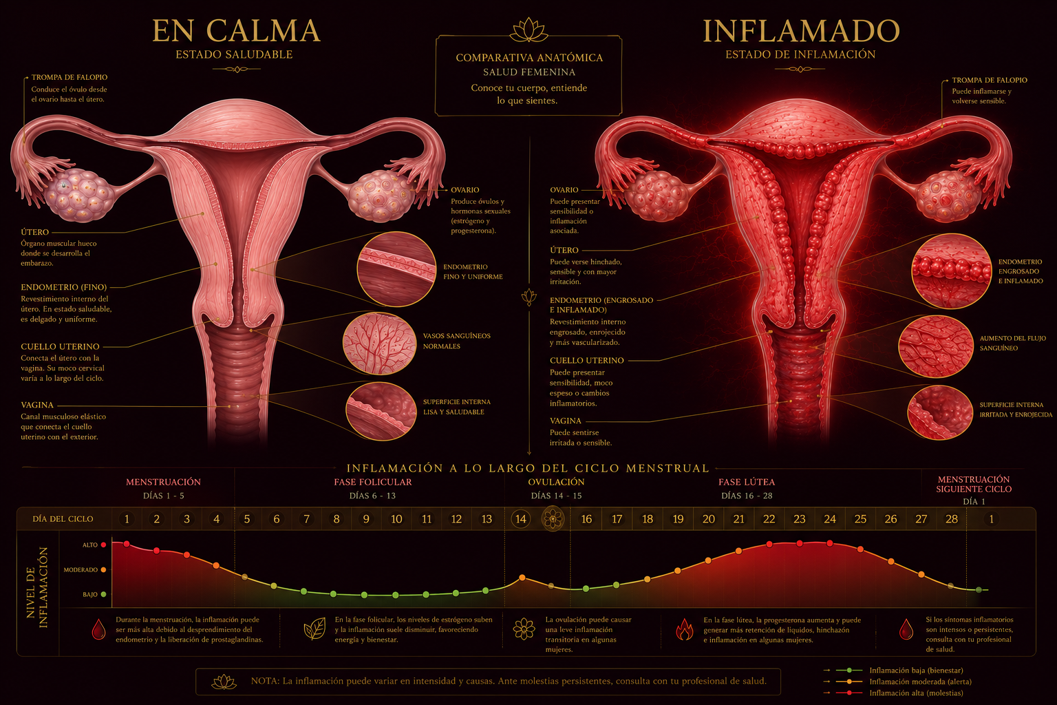 Comparativa anatómica del útero en calma frente a inflamado, con la gráfica del nivel de inflamación a lo largo del ciclo menstrual (menstruación, fase folicular, ovulación y fase lútea).